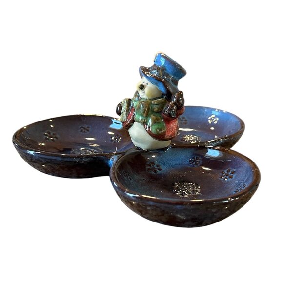 Rustic Blue Brown Ceramic Snowman Candy or Nut Holiday Dish - Picture 3 of 7